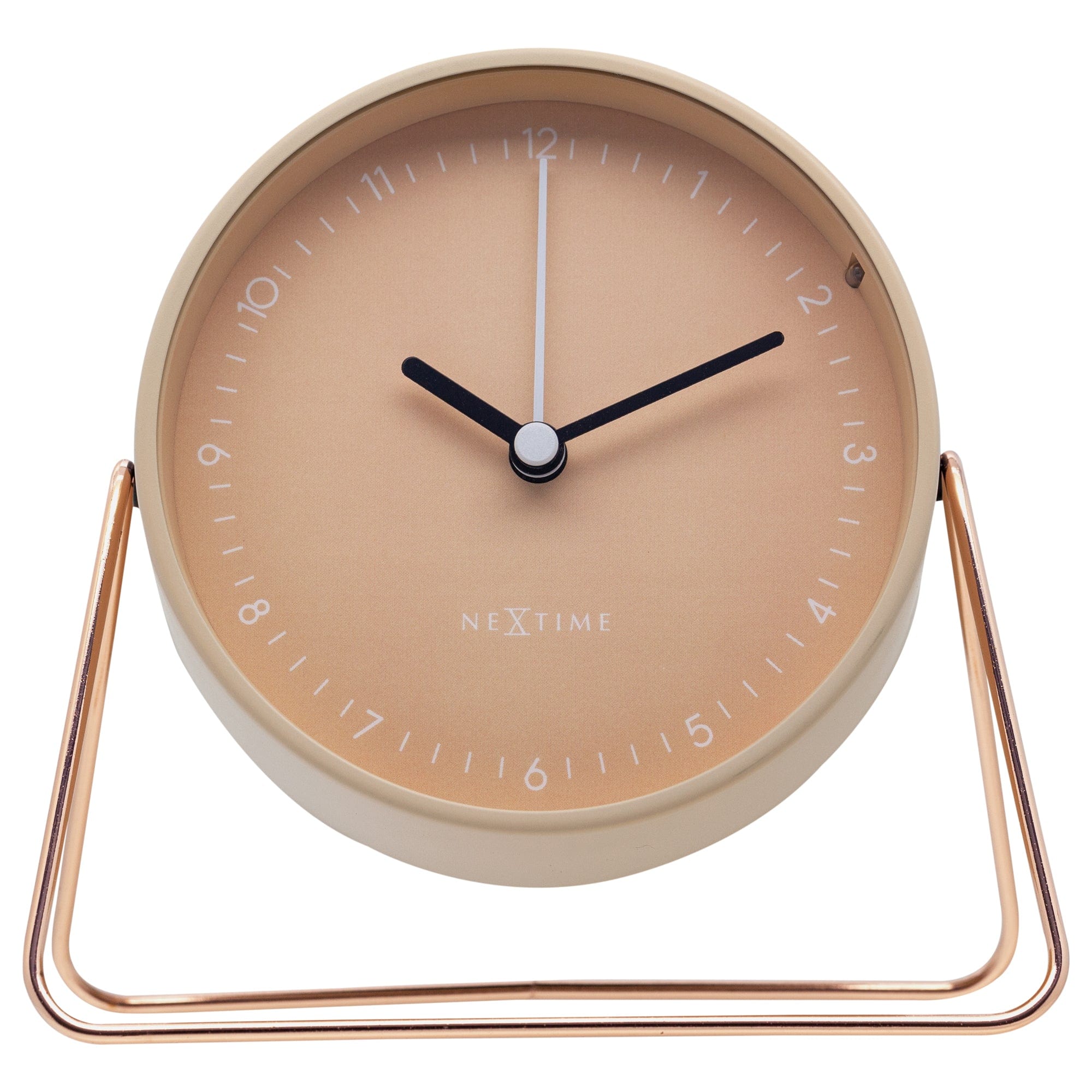 NeXtime Clocks Berlin table alarm clock in metal, silent operation, measuring 14x13x7cm, with a modern front view.